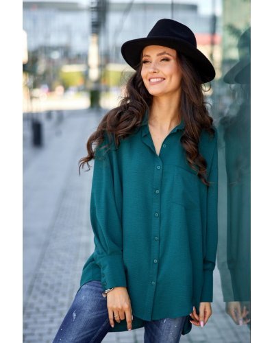 Camasi dama, Camasa dama oversize, verde turcoaz, cu maneca lunga si nasturi, Ayline - jojofashion.ro