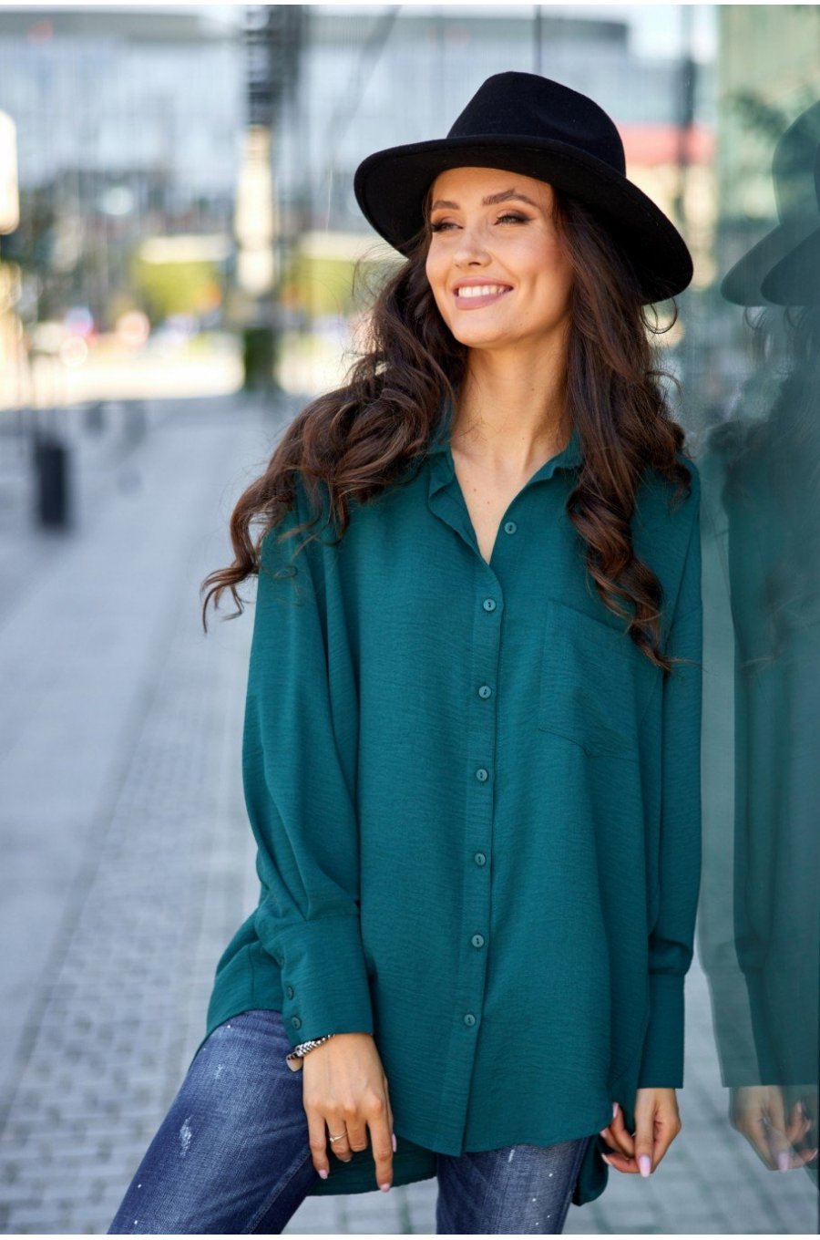 Camasa dama oversize, verde turcoaz, cu maneca lunga si nasturi, Ayline 2 - jojofashion.ro