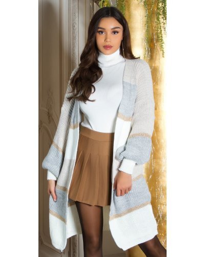 Cardigan dama casual, oversize, midi, bej cu dungi gri, Louanne - jojofashion.ro