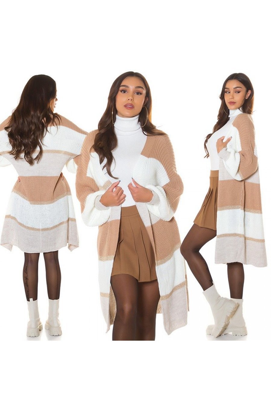 Cardigan dama casual, oversize, midi, cappuccino cu dungi late, Louanne 8 - jojofashion.ro