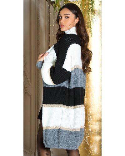 Cardigan dama casual, oversize, midi, negru cu dungi late, Louanne - jojofashion.ro