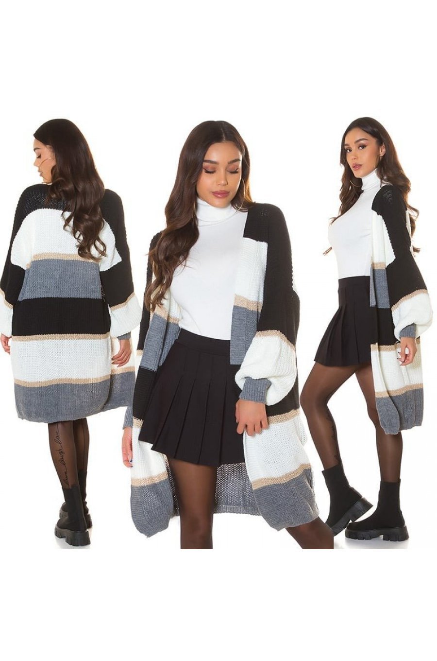 Cardigan dama casual, oversize, midi, negru cu dungi late, Louanne 7 - jojofashion.ro