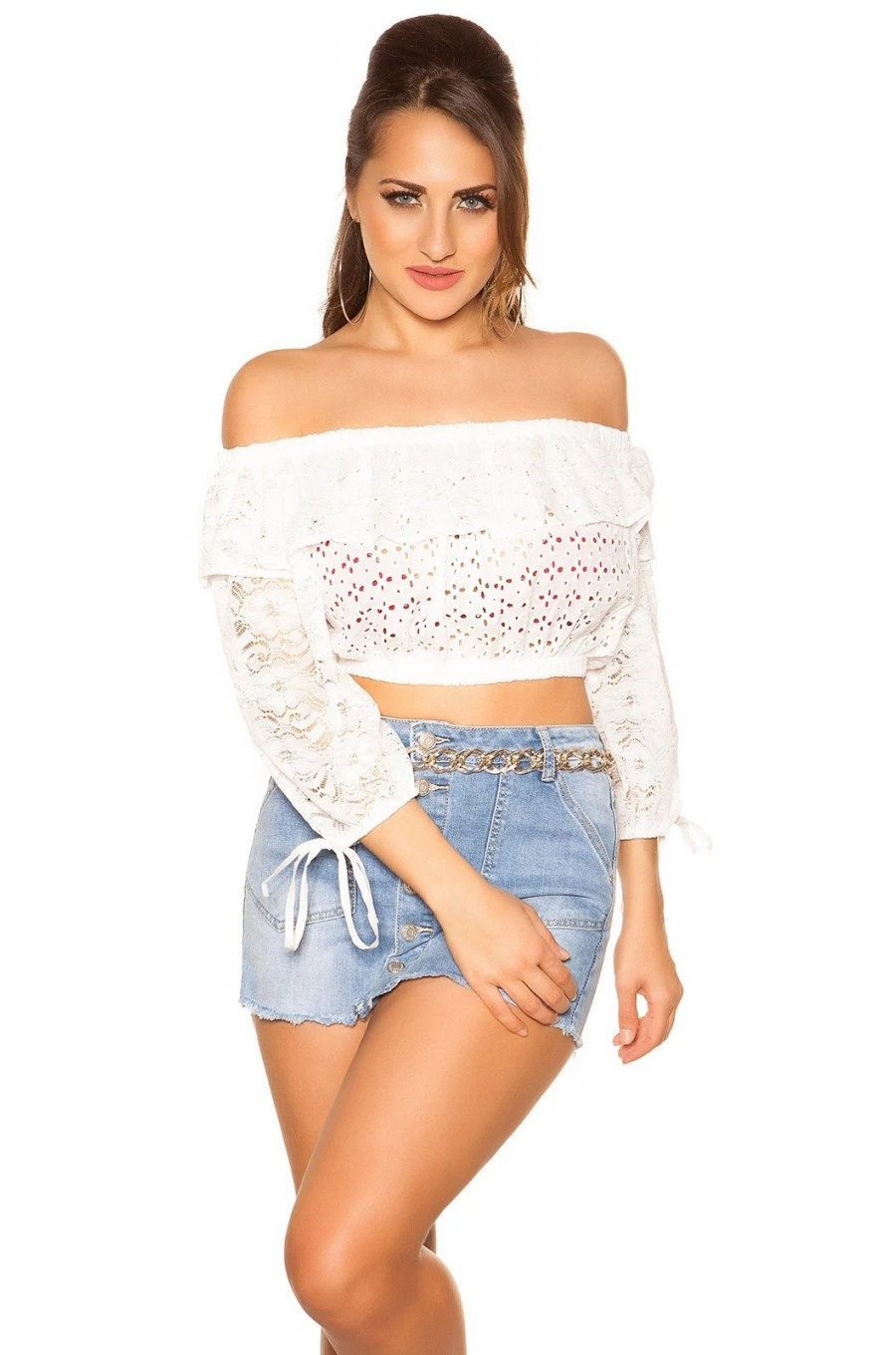 Crop top dama dantela alba cu umerii goi Kathleen 1 - jojofashion.ro