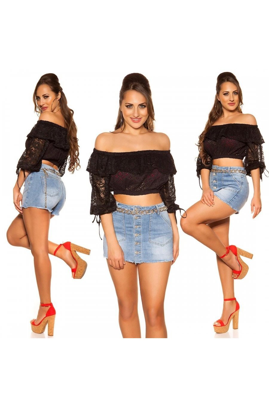 Crop top dama dantela neagra cu umerii goi Kathleen Crop top dama dantela neagra cu umerii goi Kathleen 6 - jojofashion.ro