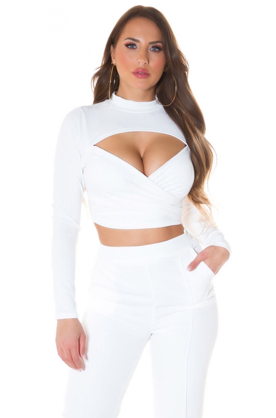 Crop top dama petrecut cu maneci lungi alb Amena 1 - jojofashion.ro