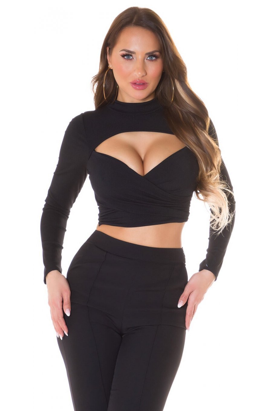 Crop top dama petrecut cu maneci lungi negru Amena 1 - jojofashion.ro