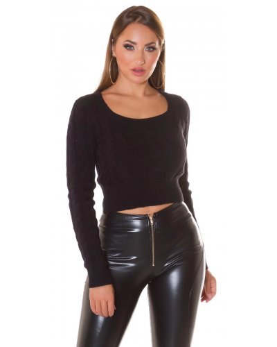 Pulover dama tricotat crop negru Soffice - jojofashion.ro