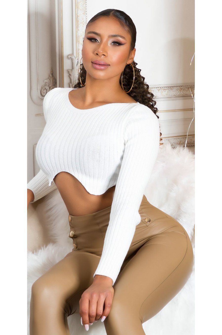 Pulover dama tricotat crop top alb Nathalie 1 - jojofashion.ro
