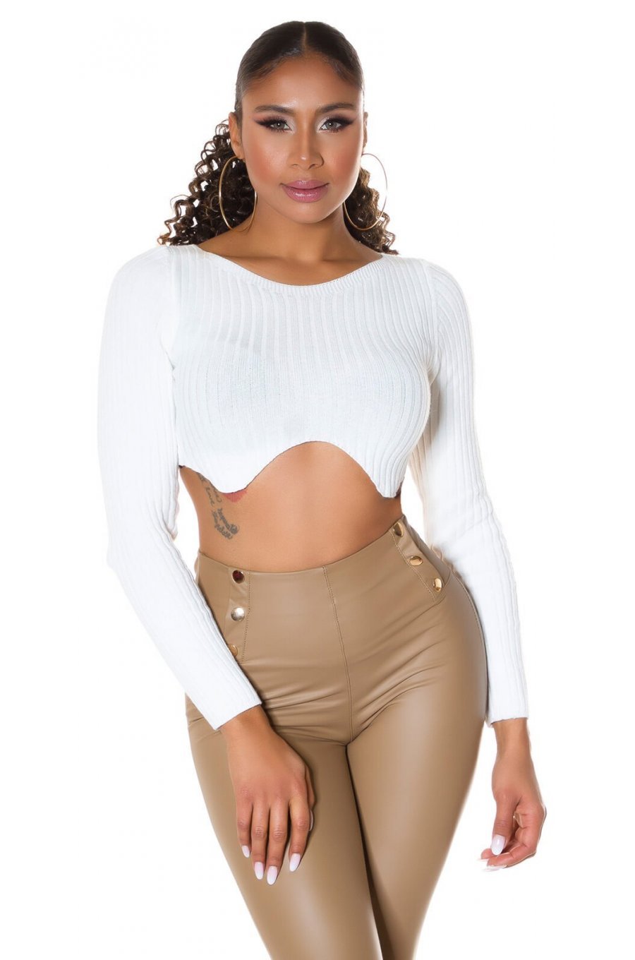Pulover dama tricotat crop top alb Nathalie 2 - jojofashion.ro