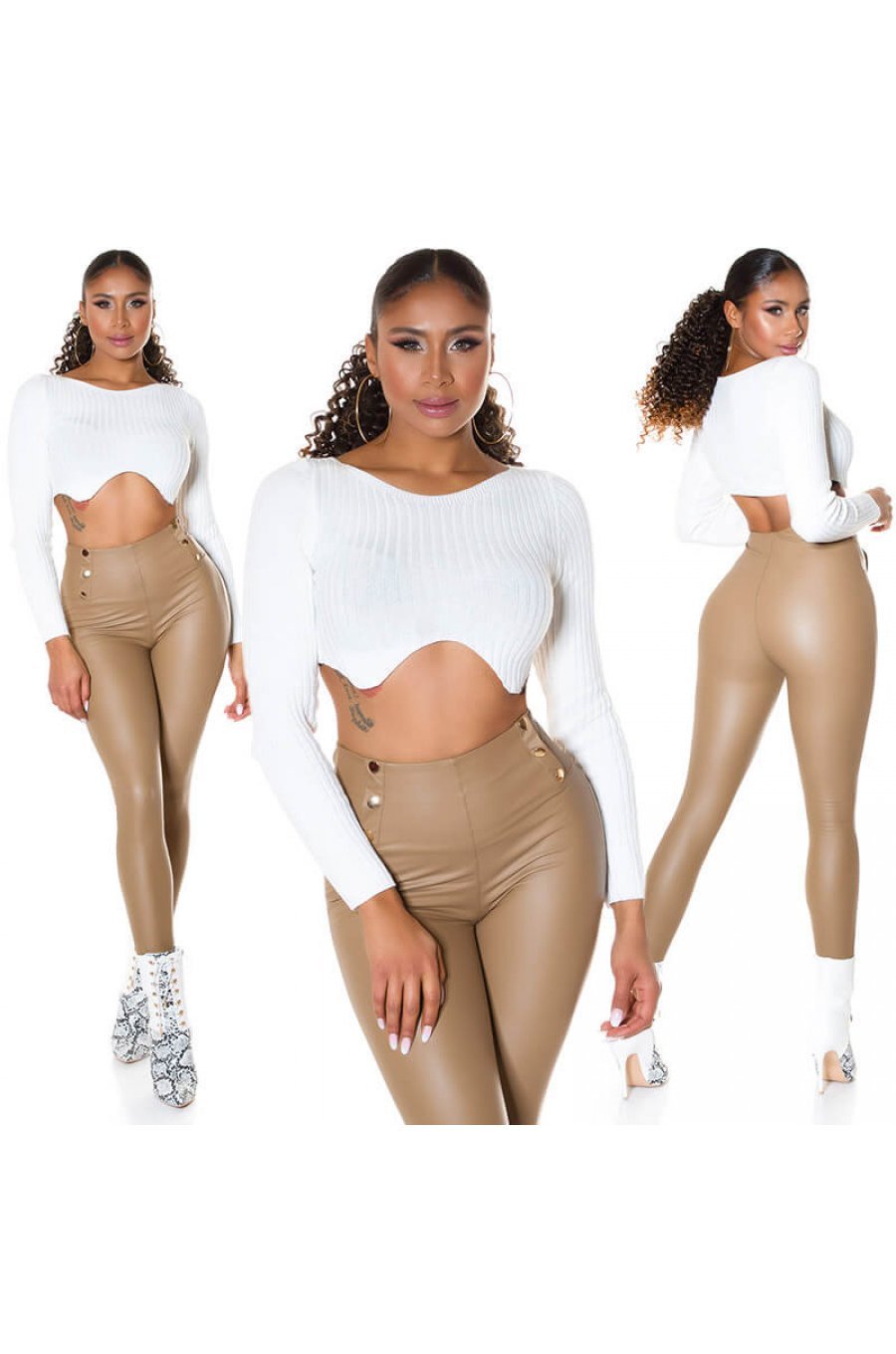 Pulover dama tricotat crop top alb Nathalie 4 - jojofashion.ro