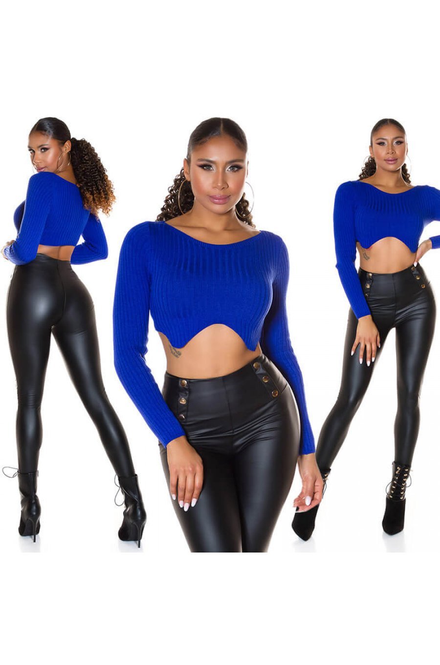 Pulover dama tricotat crop top albastru regal Nathalie 4 - jojofashion.ro