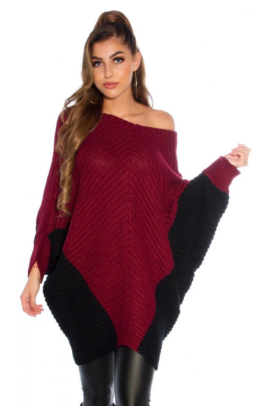 Pulover dama tricotat oversize burgundy negru Liliac Pulover dama tricotat oversize burgundy negru Liliac 1 - jojofashion.ro