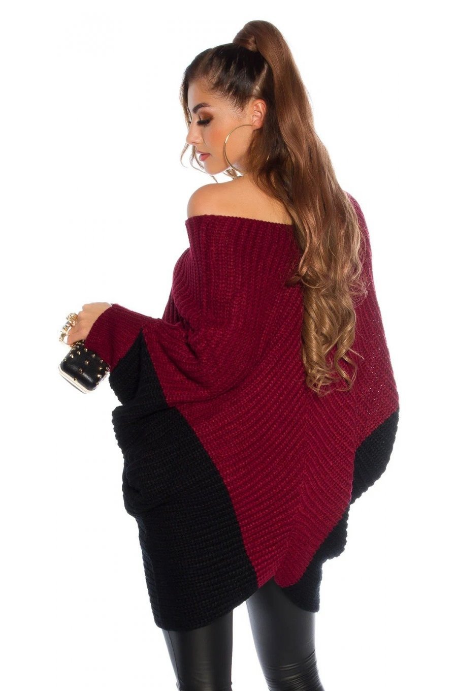Pulover dama tricotat oversize burgundy negru Liliac Pulover dama tricotat oversize burgundy negru Liliac 2 - jojofashion.ro