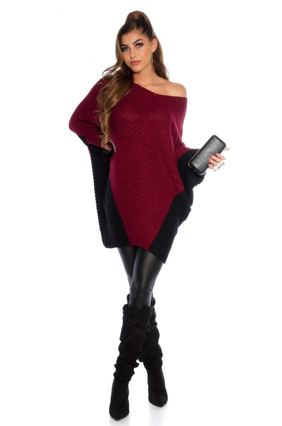 Pulover dama tricotat oversize burgundy negru Liliac Pulover dama tricotat oversize burgundy negru Liliac 3 - jojofashion.ro