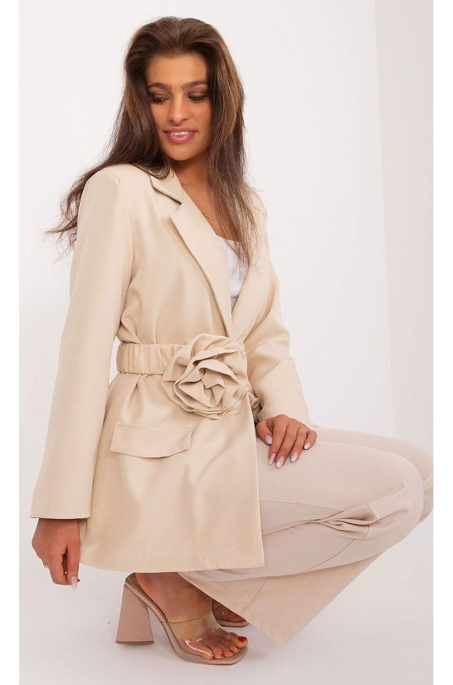 Sacou dama cu floare in talie, elegant, bej, Eshal Sacou dama cu floare in talie, elegant, bej, Eshal 4 - jojofashion.ro