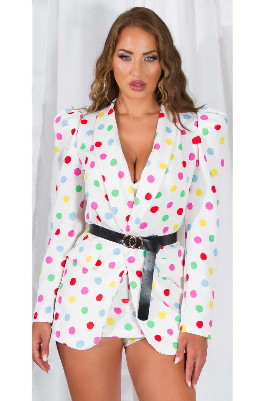 Sacou dama elegant, alb cu buline multicolore, cu maneca lunga, Yandera 1 - jojofashion.ro