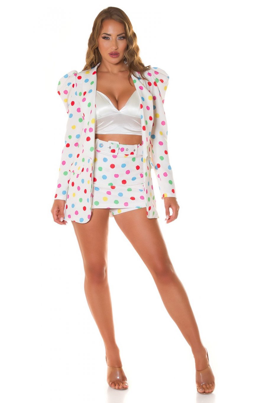 Sacou dama elegant, alb cu buline multicolore, cu maneca lunga, Yandera 5 - jojofashion.ro
