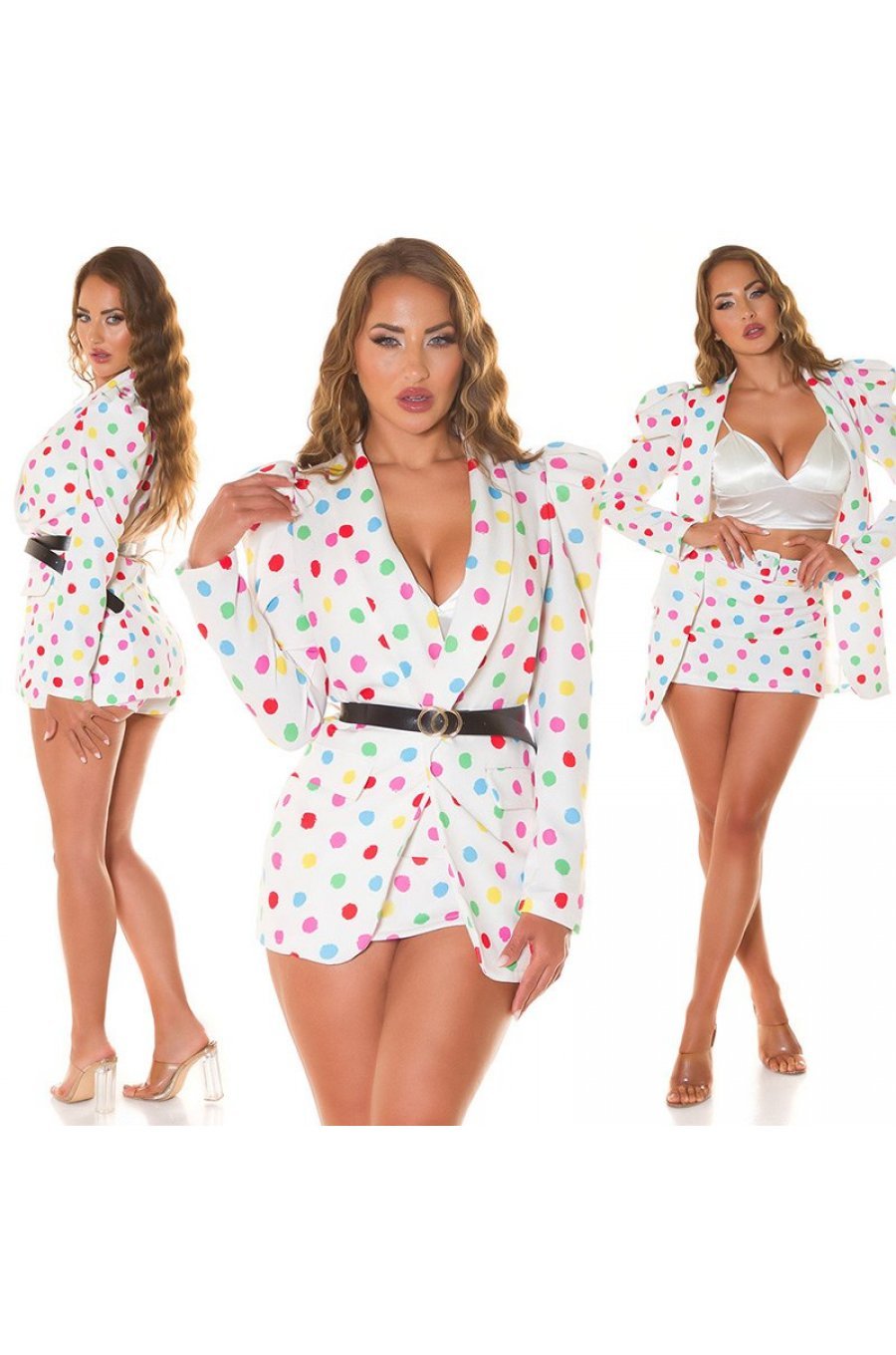 Sacou dama elegant, alb cu buline multicolore, cu maneca lunga, Yandera 7 - jojofashion.ro