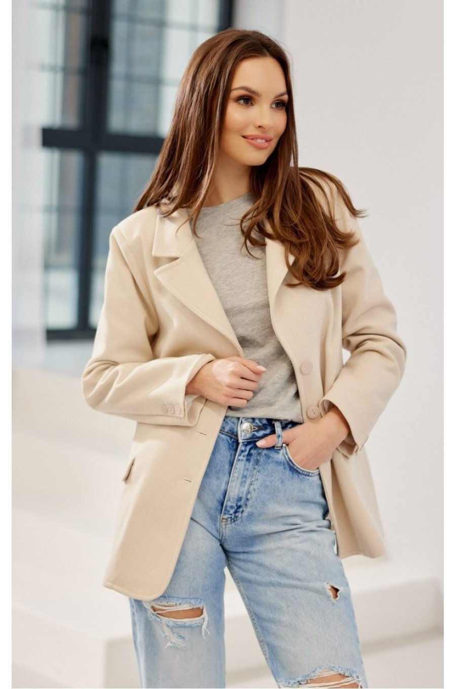 Sacou dama elegant, clasic, bej, cu nasturi, FreyaR Sacou dama elegant, clasic, bej, cu nasturi, FreyaR 4 - jojofashion.ro