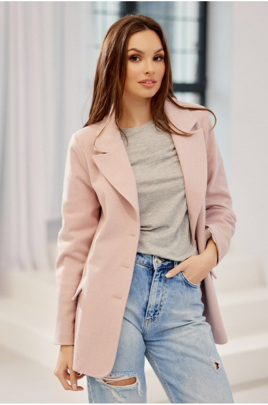 Sacou dama elegant, clasic, roz pudra, cu nasturi, FreyaR Sacou dama elegant, clasic, roz pudra, cu nasturi, FreyaR 1 - jojofashion.ro