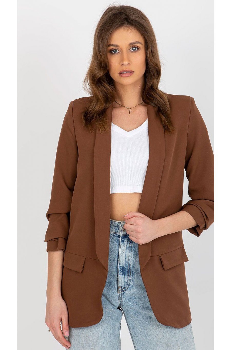 Sacou dama elegant, maro, cu maneca trei sferturi, Darlen Sacou dama elegant, maro, cu maneca trei sferturi, Darlen 1 - jojofashion.ro