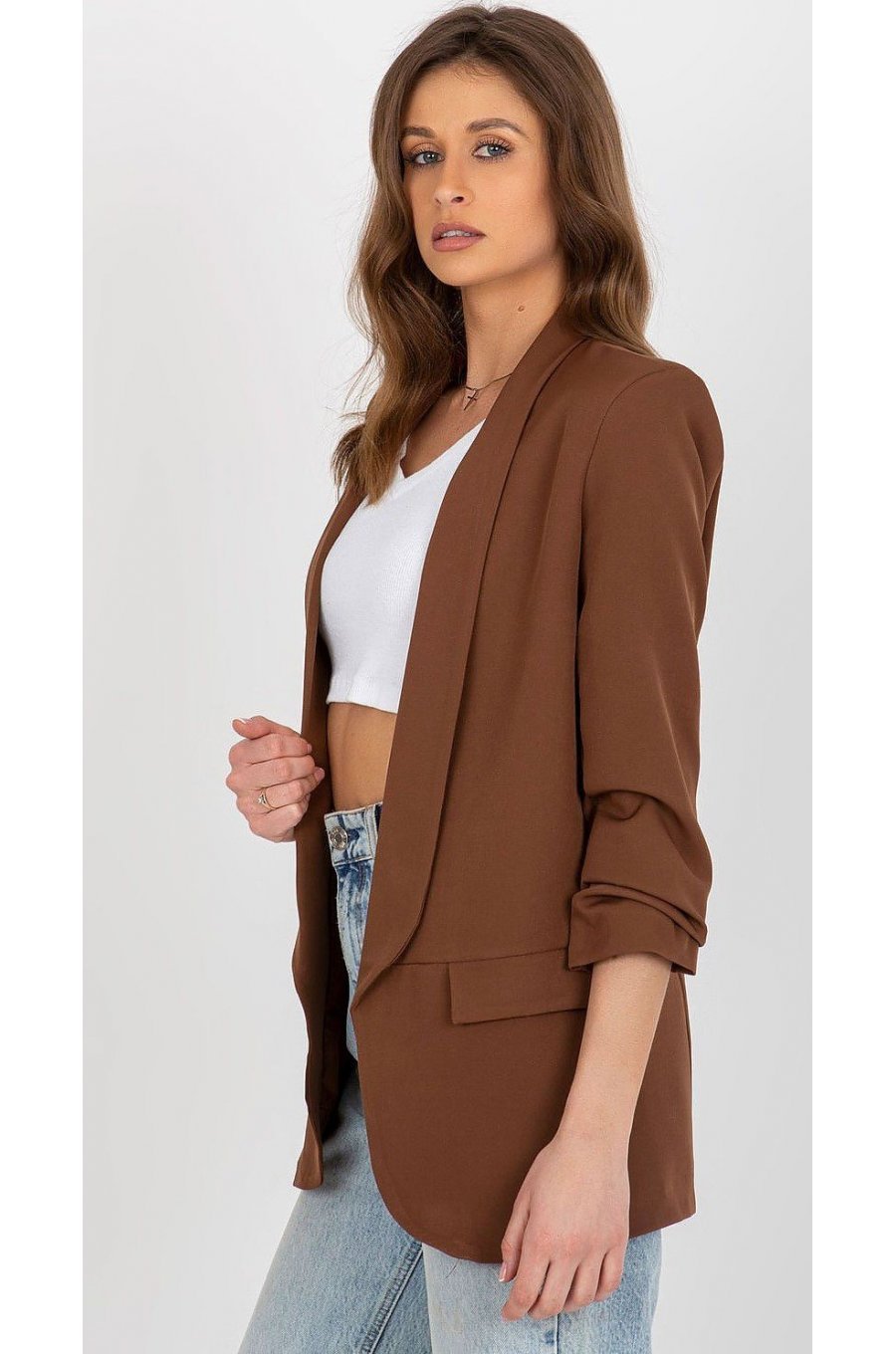 Sacou dama elegant, maro, cu maneca trei sferturi, Darlen Sacou dama elegant, maro, cu maneca trei sferturi, Darlen 2 - jojofashion.ro