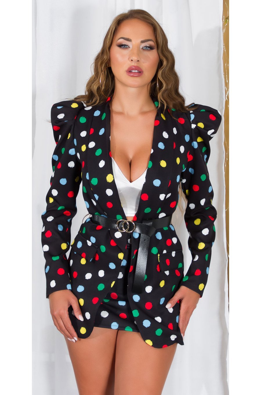 Sacou dama elegant, negru cu buline multicolore, cu maneca lunga, Yandera 1 - jojofashion.ro