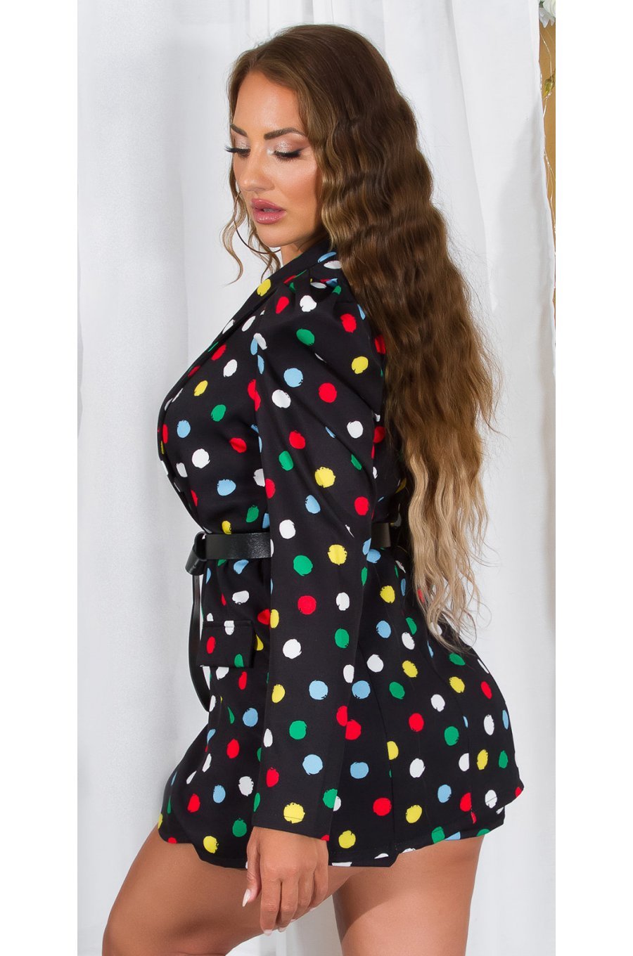 Sacou dama elegant, negru cu buline multicolore, cu maneca lunga, Yandera 2 - jojofashion.ro