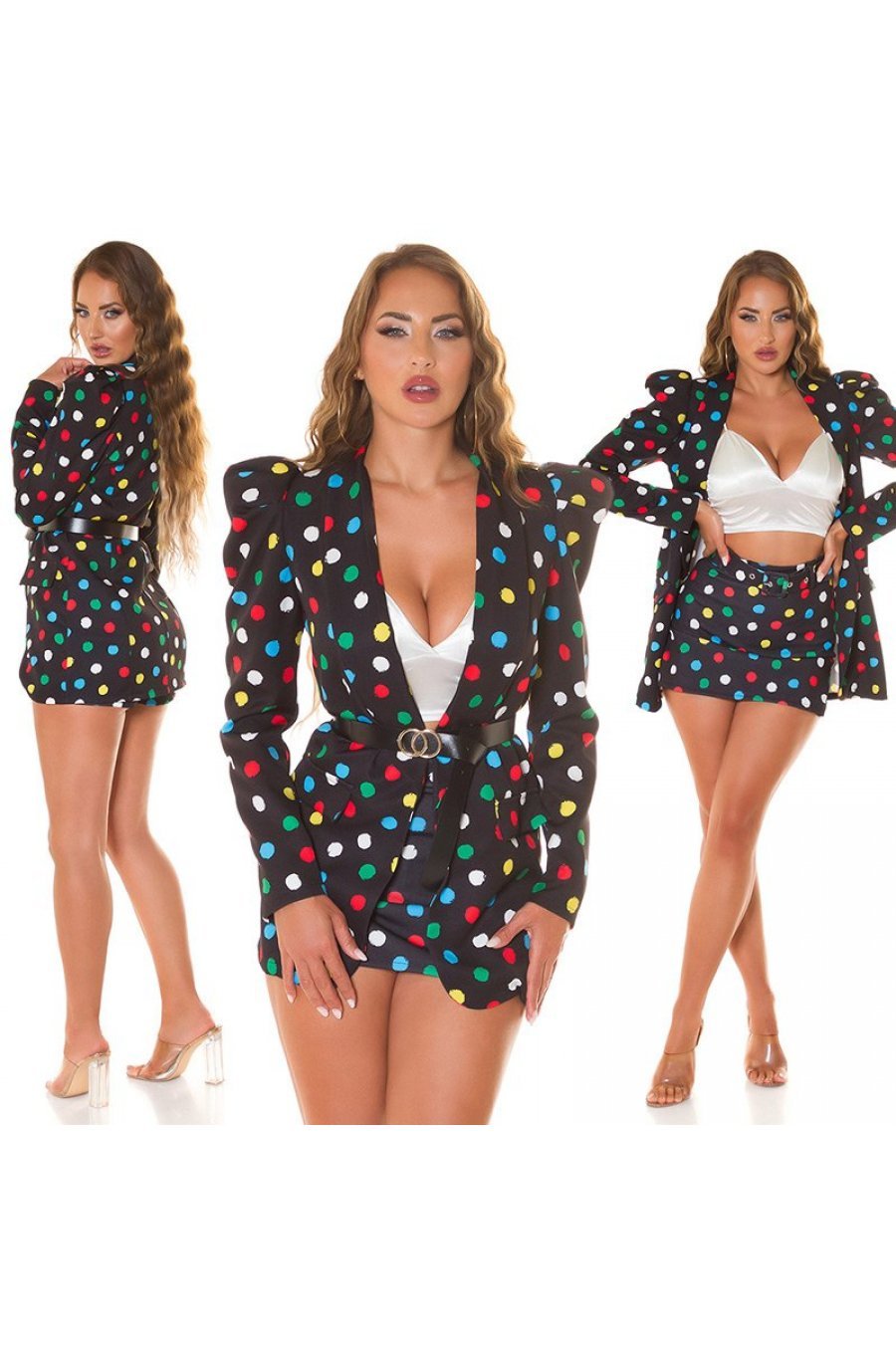 Sacou dama elegant, negru cu buline multicolore, cu maneca lunga, Yandera 7 - jojofashion.ro