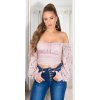 Top crop dama dantela roz pal cu umeri goi Diana