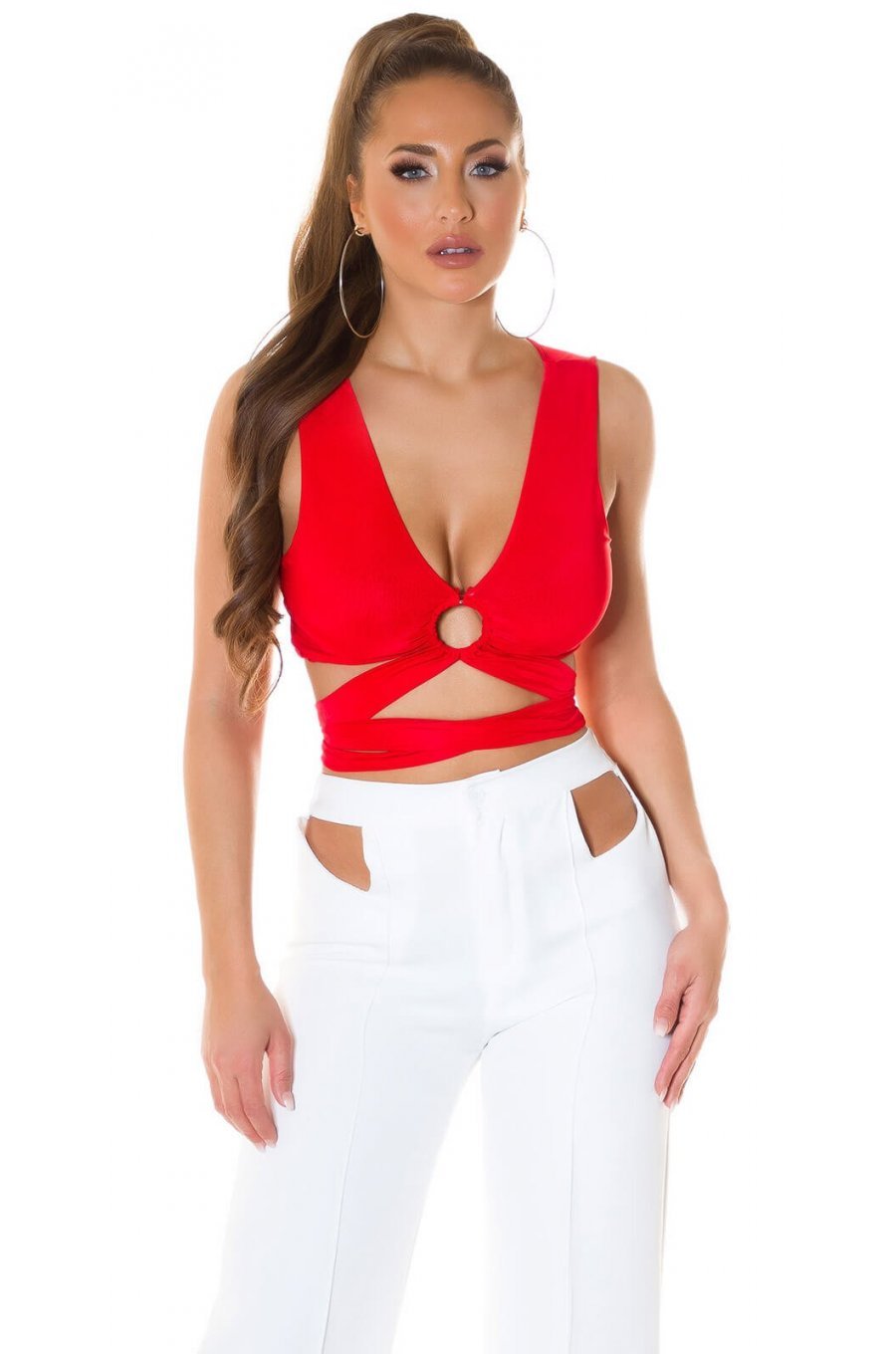 Crop top dama elastic rosu Isla 3 - jojofashion.ro