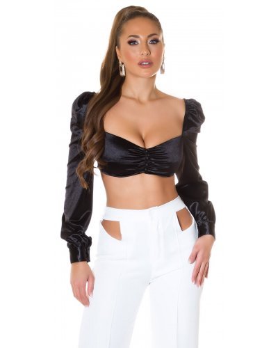 Crop top dama satin negru cu maneci lungi Afet Tinute de club, Crop top dama satin negru cu maneci lungi Afet - jojofashion.ro