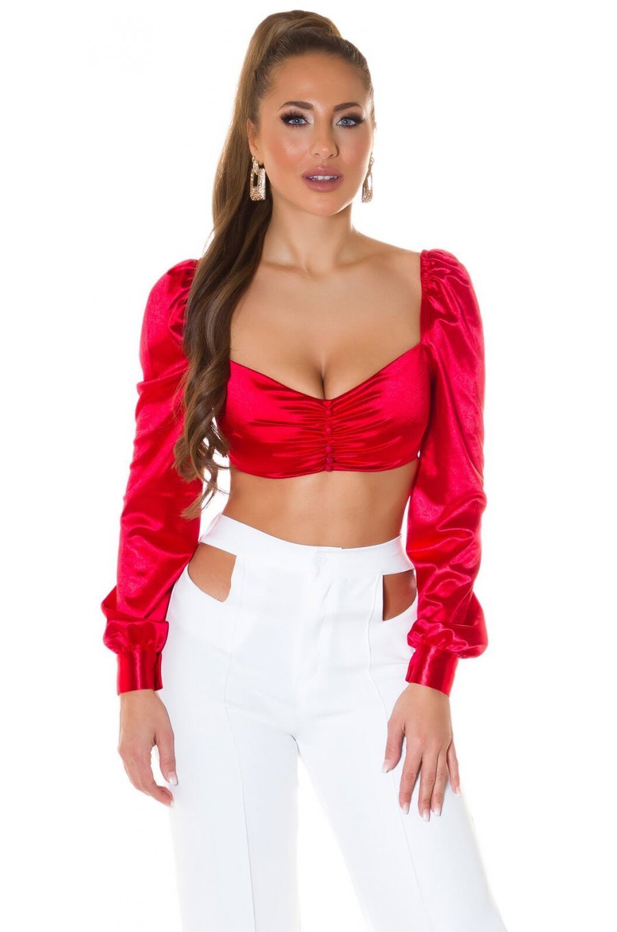 Crop top dama satin rosu cu maneci lungi Afet Crop top dama satin rosu cu maneci lungi Afet 1 - jojofashion.ro