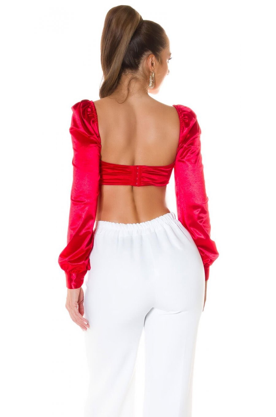 Crop top dama satin rosu cu maneci lungi Afet Crop top dama satin rosu cu maneci lungi Afet 2 - jojofashion.ro