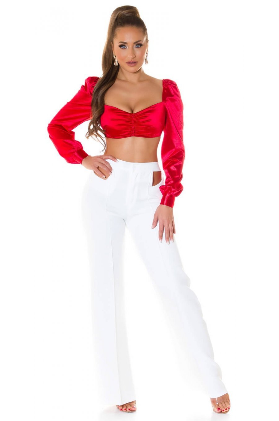 Crop top dama satin rosu cu maneci lungi Afet Crop top dama satin rosu cu maneci lungi Afet 3 - jojofashion.ro