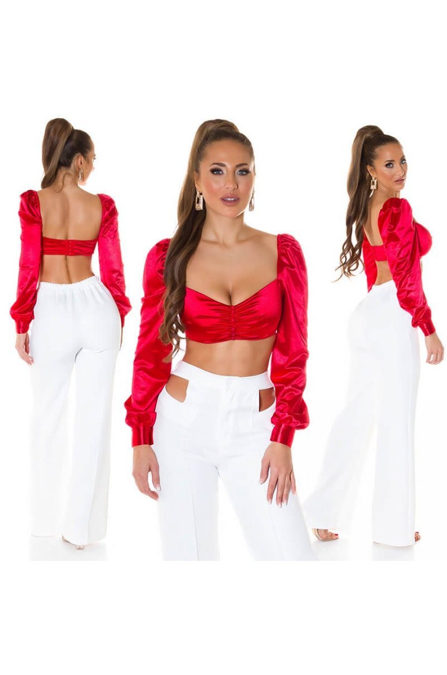 Crop top dama satin rosu cu maneci lungi Afet Crop top dama satin rosu cu maneci lungi Afet 4 - jojofashion.ro