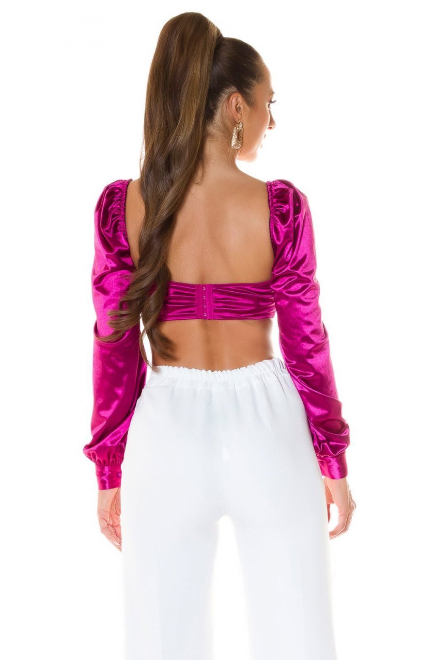 Crop top dama satin roz fucsia cu maneci lungi Afet 2 - jojofashion.ro
