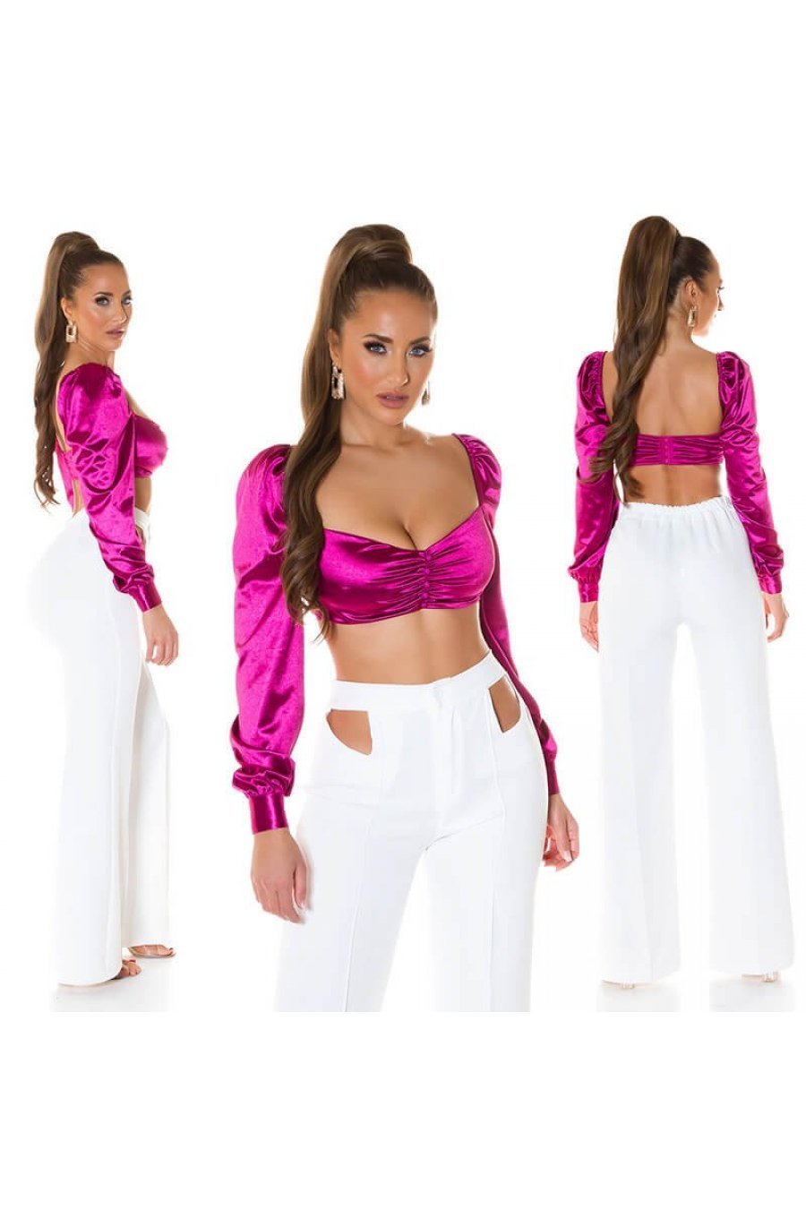Crop top dama satin roz fucsia cu maneci lungi Afet 4 - jojofashion.ro