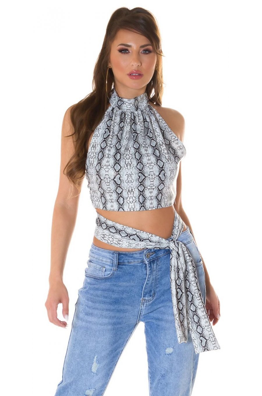 Crop top dama snake alb cu guler inalt Valerie 1 - jojofashion.ro