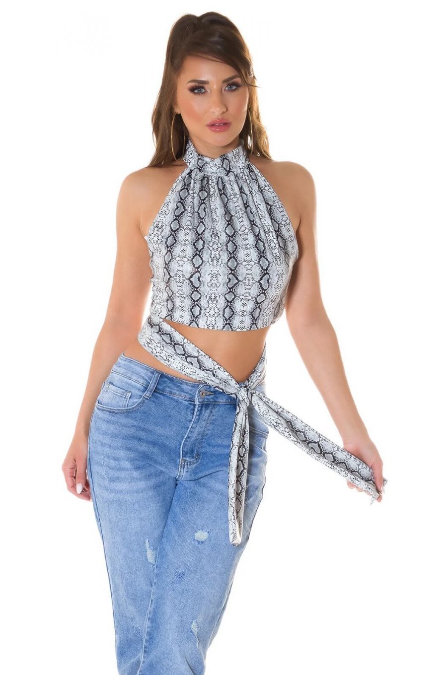 Crop top dama snake alb cu guler inalt Valerie 3 - jojofashion.ro