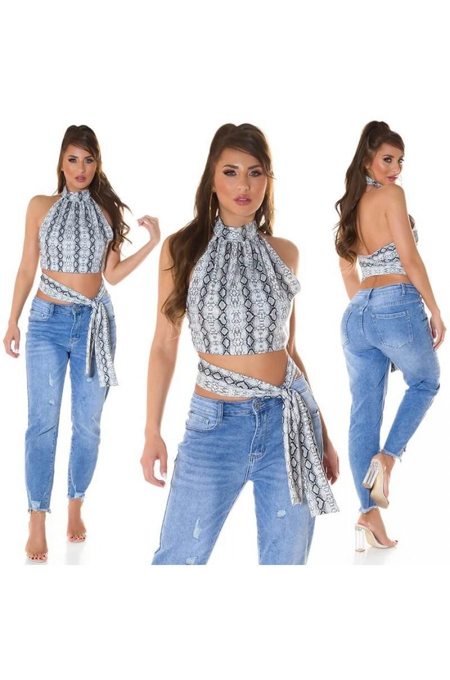 Crop top dama snake alb cu guler inalt Valerie 5 - jojofashion.ro