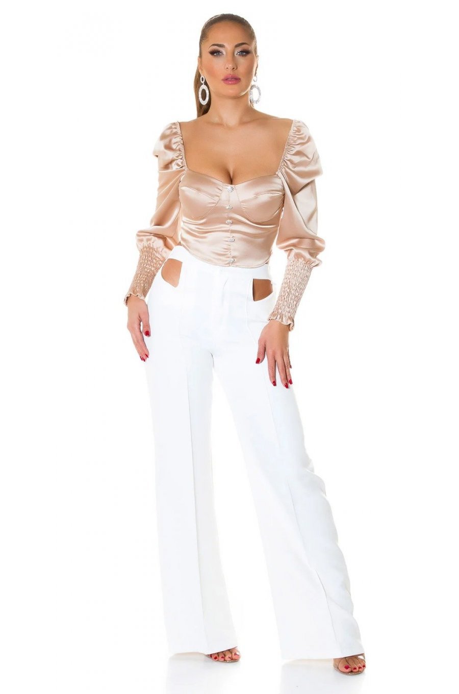 Crop top dama elegant tip corset satin bej Moura 4 - jojofashion.ro