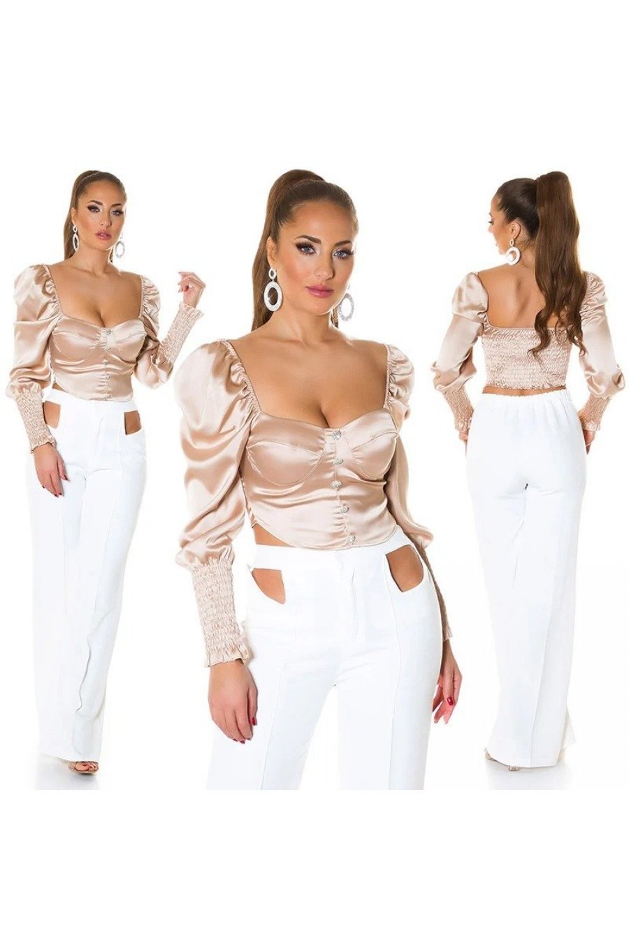 Crop top dama elegant tip corset satin bej Moura 5 - jojofashion.ro