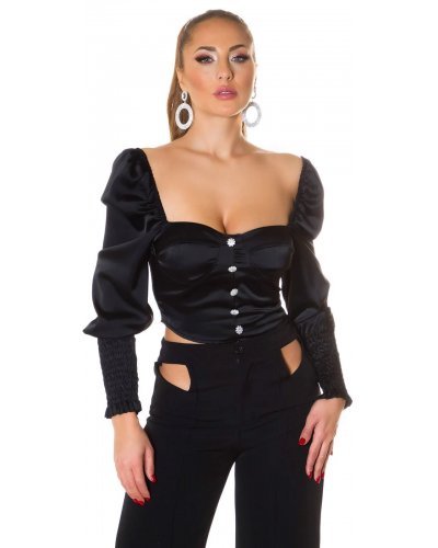 Topuri, Top crop dama elegant tip corset satin negru Moura - jojofashion.ro