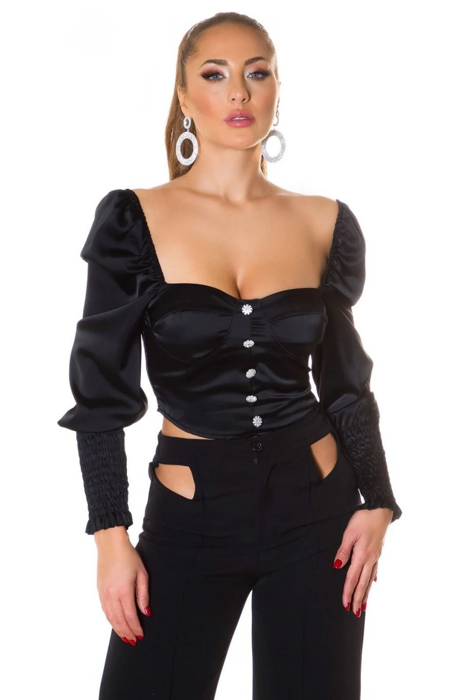 Crop top dama elegant tip corset satin negru Moura 1 - jojofashion.ro