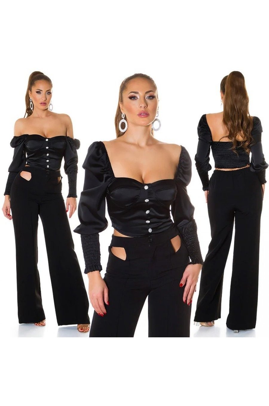 Crop top dama elegant tip corset satin negru Moura 4 - jojofashion.ro