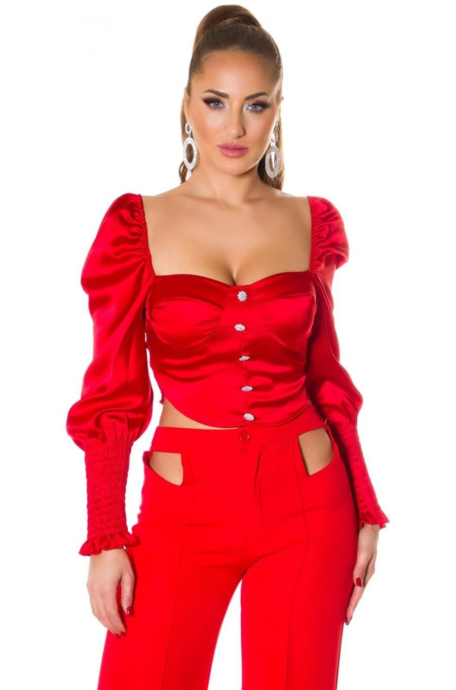 Crop top dama elegant tip corset satin rosu Moura 1 - jojofashion.ro