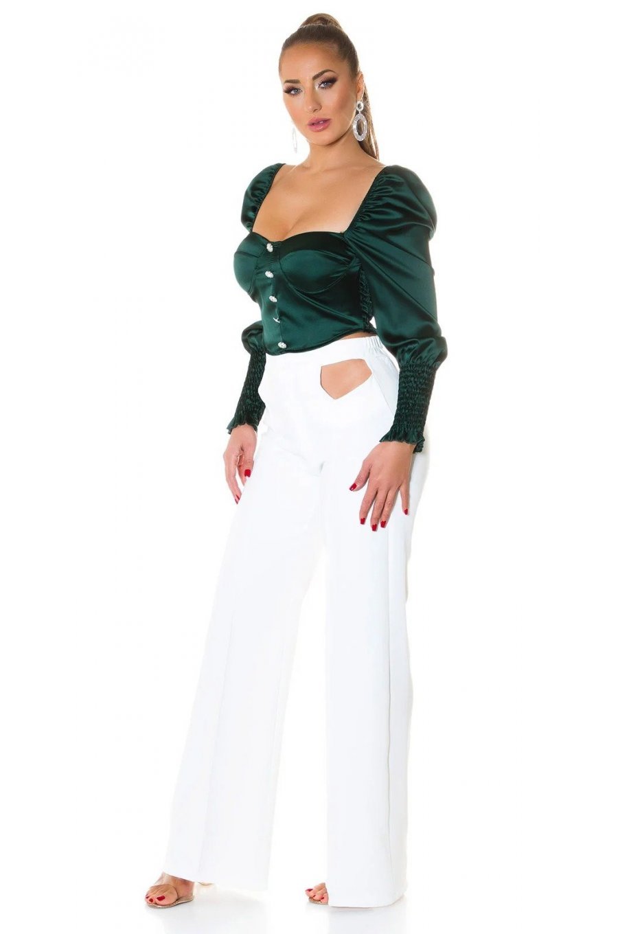 Crop top dama elegant tip corset satin verde smarald Moura 3 - jojofashion.ro