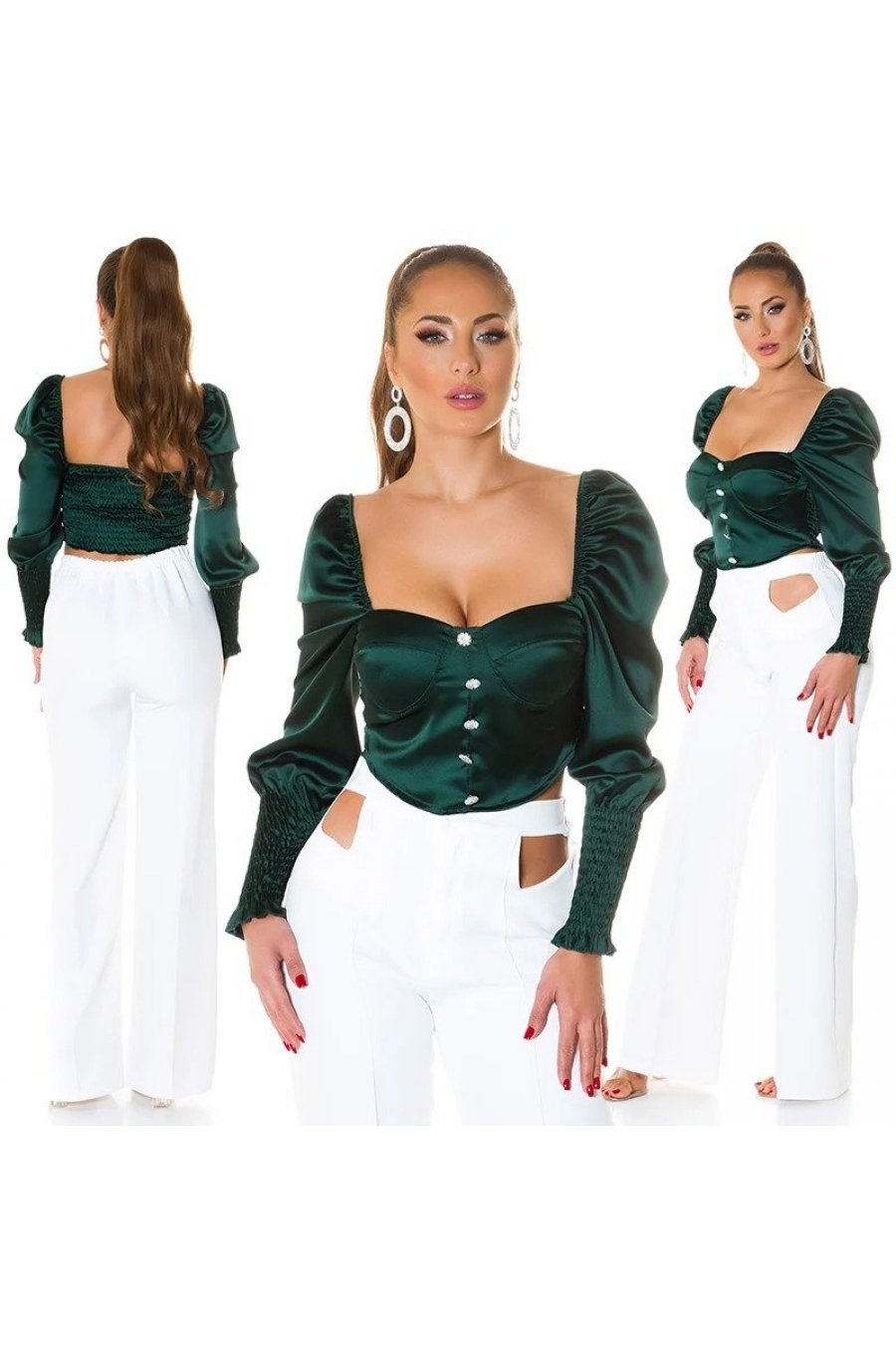 Crop top dama elegant tip corset satin verde smarald Moura 4 - jojofashion.ro