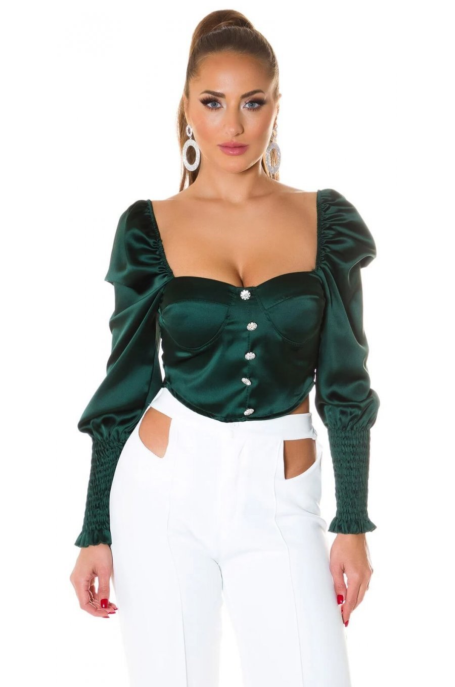 Crop top dama elegant tip corset satin verde smarald Moura 5 - jojofashion.ro
